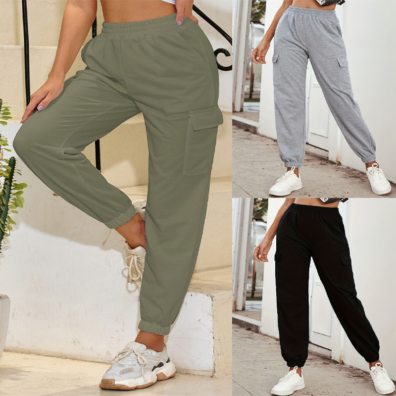 Amazon Cross-border European and American Autumn and Winter New INS Sports Solid Color High Waist Pocket Casual Yoga Leg Trousers for Women