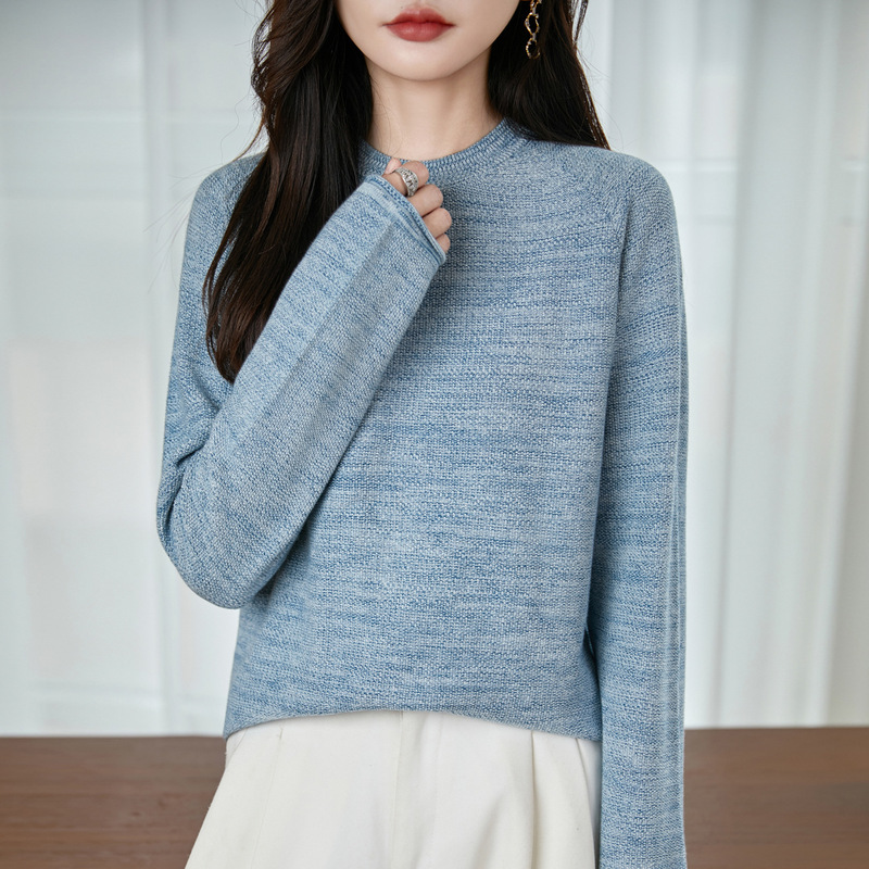 Autumn and Winter New Style 100 Pure Cotton Round Neck Knitwear Long-Sleeved Women's Knitwear Rolled Edge Colorful Pullover Loose Bottoming Shirt