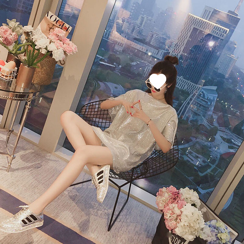 278 # # Summer Short-Sleeve Mid-Length Loose Ins Super Popular Top New Style Ulzzang Hidden Hem Shiny Silk T-Shirt for Women