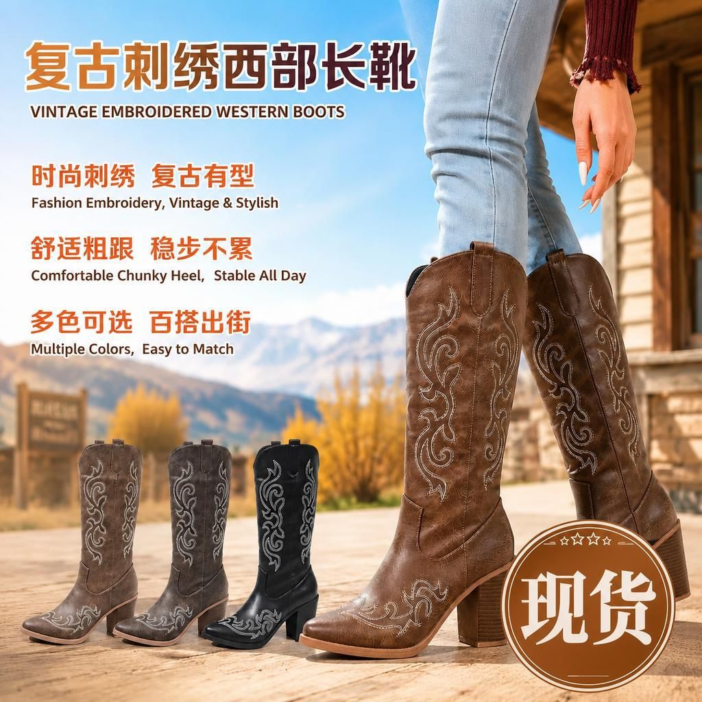 demi-season denim fashionable retro high boots pointed-toe