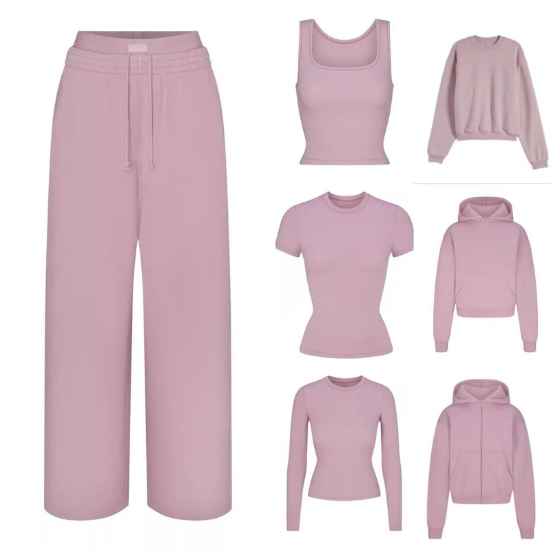 Kardashian Skims Pink and Purple Series Hooded Sweatshirt, Ribbed Long-Sleeve and Short-Sleeve Vest, Fleece Sweatshirt, Jacket, Pants Kardashian Skims Pink and Purple Series Hooded Sweatshirt, Ribbed Long-Sleeve and Short-Sleeve Vest, Fleece Sweatshirt, Jacket, Pants