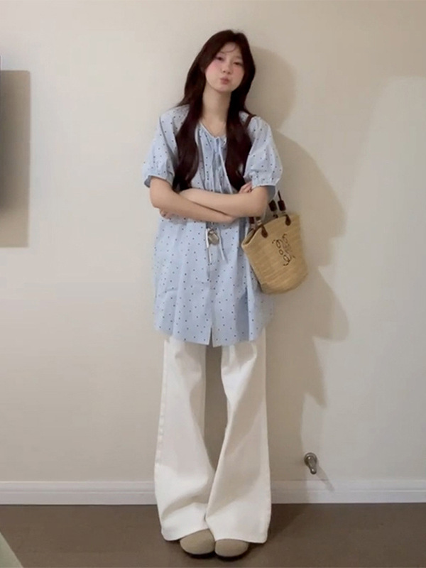 蓝色波点泡泡袖衬衫女夏季2025新款小众设计感宽松慵懒温柔风上衣|undefined