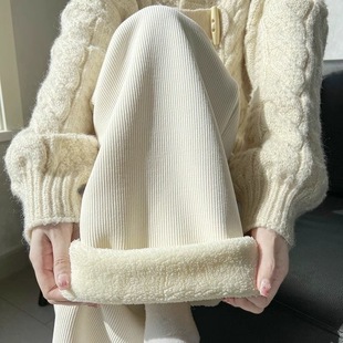 Lamb fleece fleece-lined padded chenille wide leg pants women's 2024 autumn and winter new loose corduroy drape straight pants
