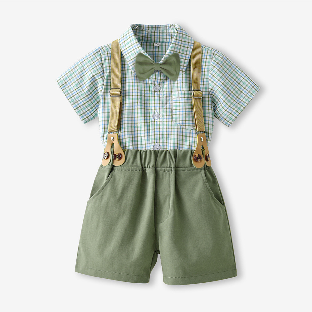 Summer New Japanese and Korean Series Boys' Suit Plaid Shirt Lapel Short Sleeve Fresh Style Children's Birthday Dress