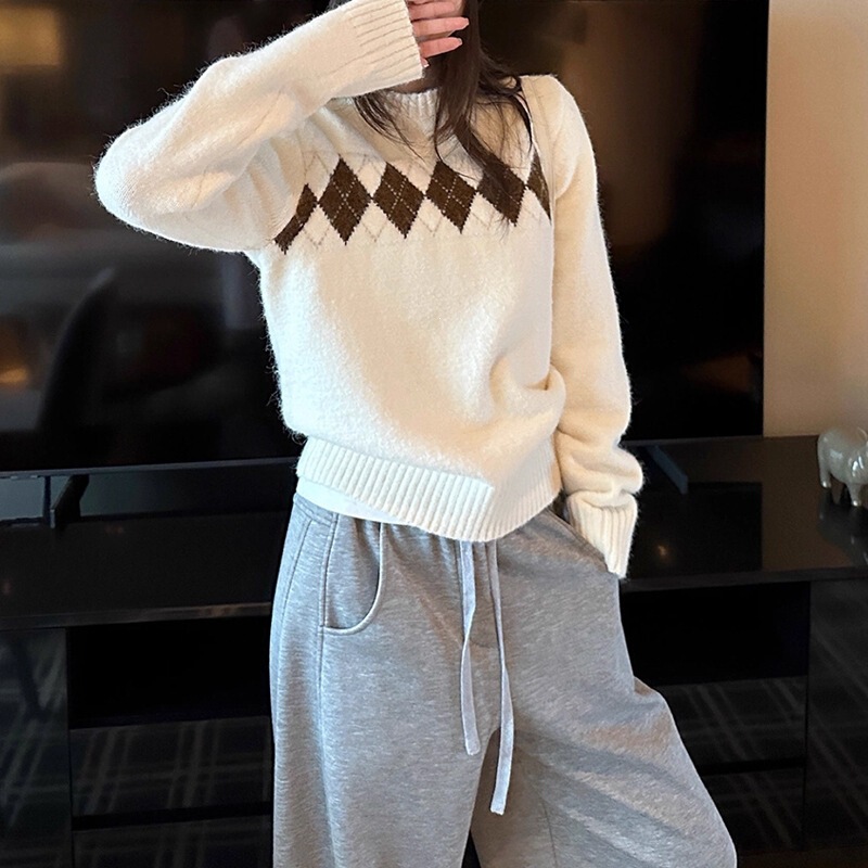 Korean-style diamond-pattern jacquard round-neck pullover sweater for women, 2026 autumn and winter new casual loose and comfortable knit top