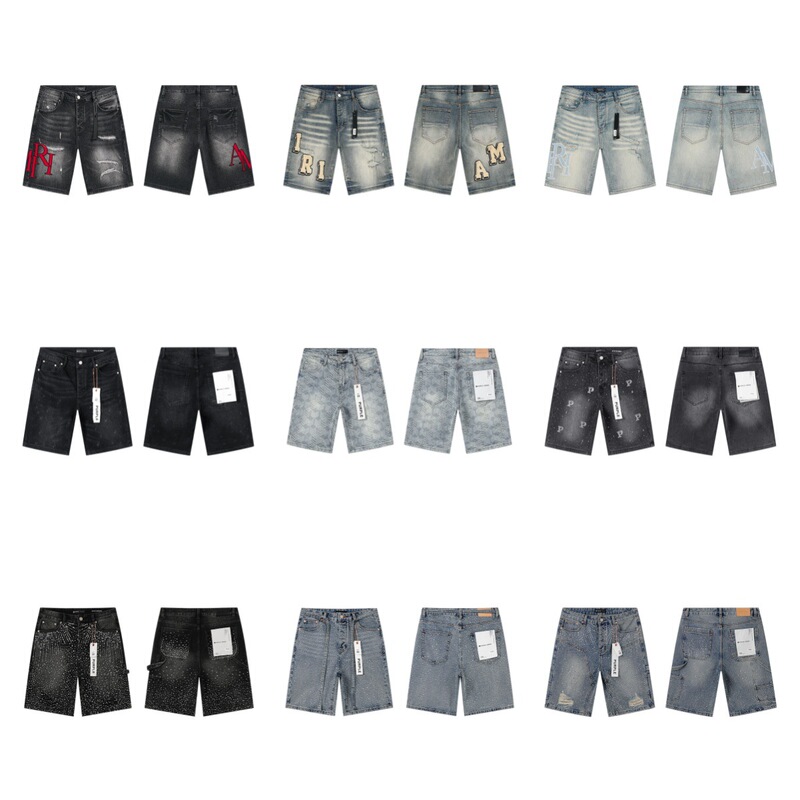 Cross-border European and American purple-brand trendy high street ripped patch washed vintage denim shorts with rhinestones Cross-border European and American purple-brand trendy high street ripped patch washed vintage denim shorts with rhinestones