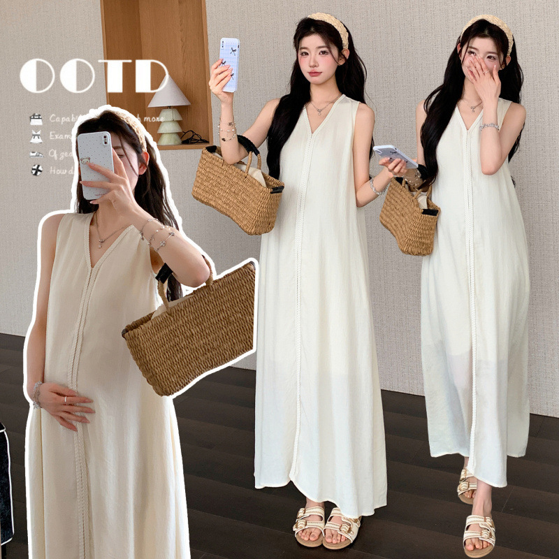 Summer Maternity Dress with French Embroidery, V-Neck, Sleeveless, Stylish Long Vacation-Style Tank Dress for Women, Wholesale and Dropshipping Summer Maternity Dress with French Embroidery, V-Neck, Sleeveless, Stylish Long Vacation-Style Tank Dress for Women, Wholesale and Dropshipping