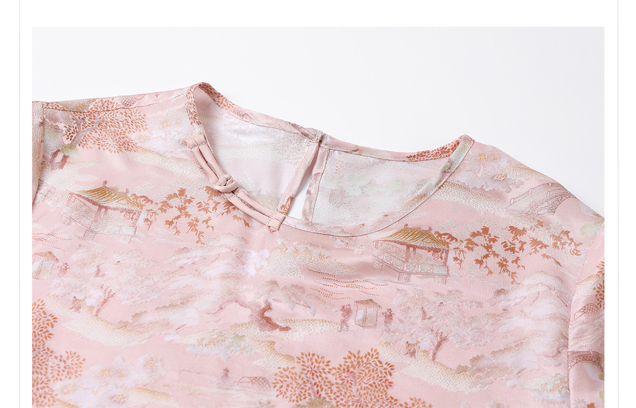 Áo thun cổ tròn tay ngắn phong cách Tân Trung Hoa đính khuy vải, chất liệu lụa tơ tằm jacquard — Màu hồng, màu mơ chi tiết 11