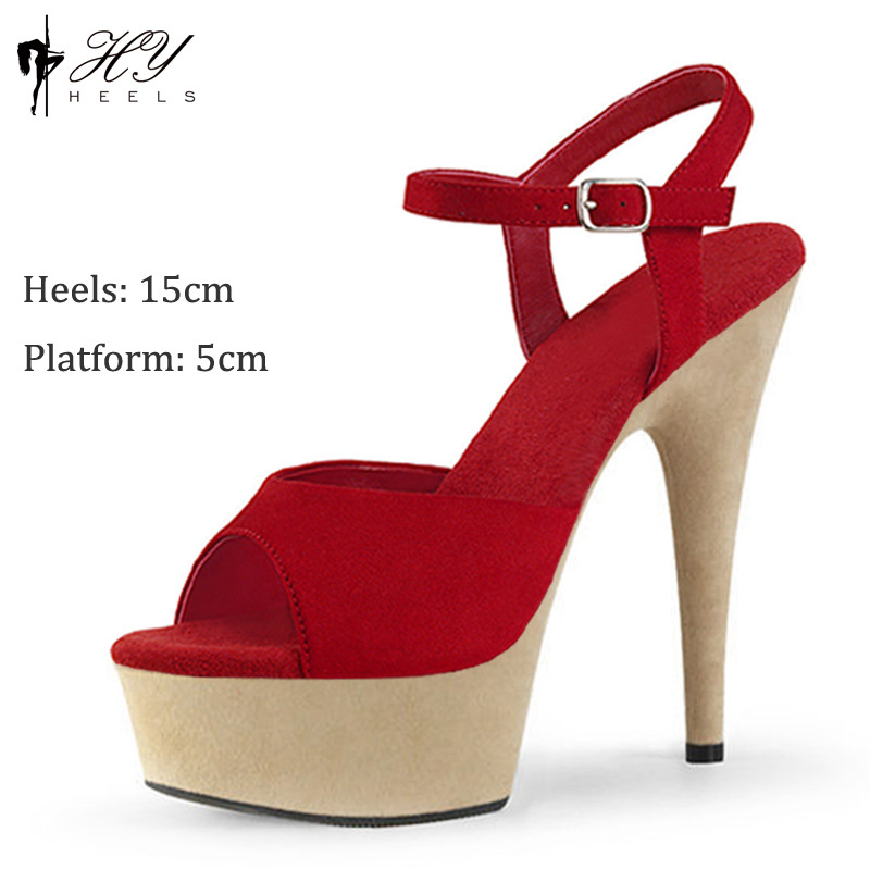 Sandal cao gót 15cm quai khóa phong cách dự tiệc thanh lịch — Đỏ mơ, Đen Đỏ, Đỏ rượu, Màu đen
