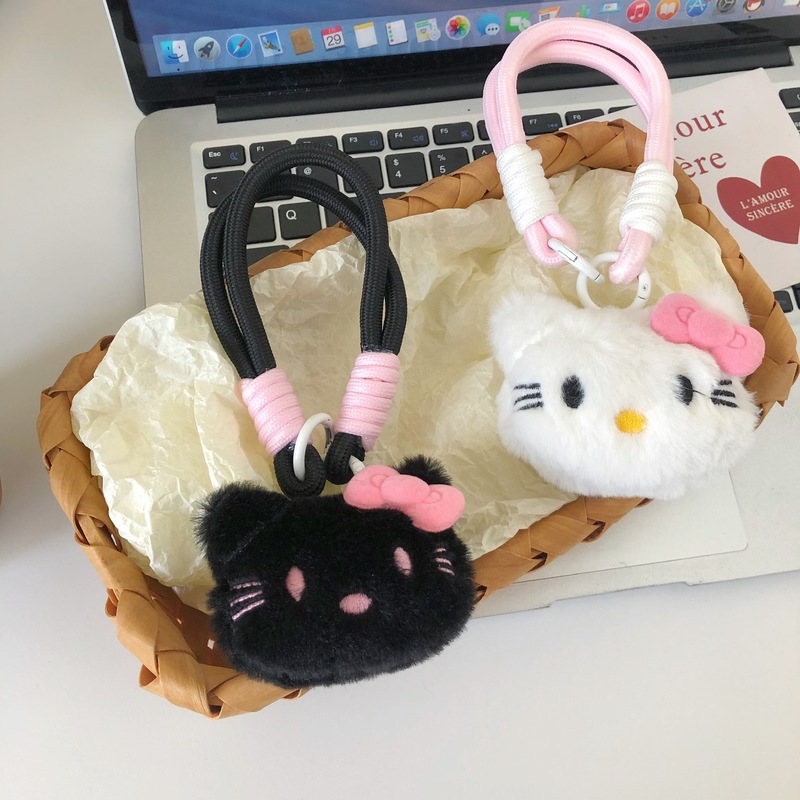 卡通毛绒黑皮KT猫猫玩偶书包粗挂绳挂件猫咪头手机钥匙扣挂绳装饰|undefined