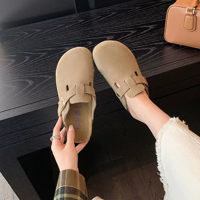 Mismo estilo~ Nuevas pantuflas de otoño con punta redonda, de cuero genuino, con hebilla y correa, estilo Birkenstock, de suela gruesa, informales, para mujer