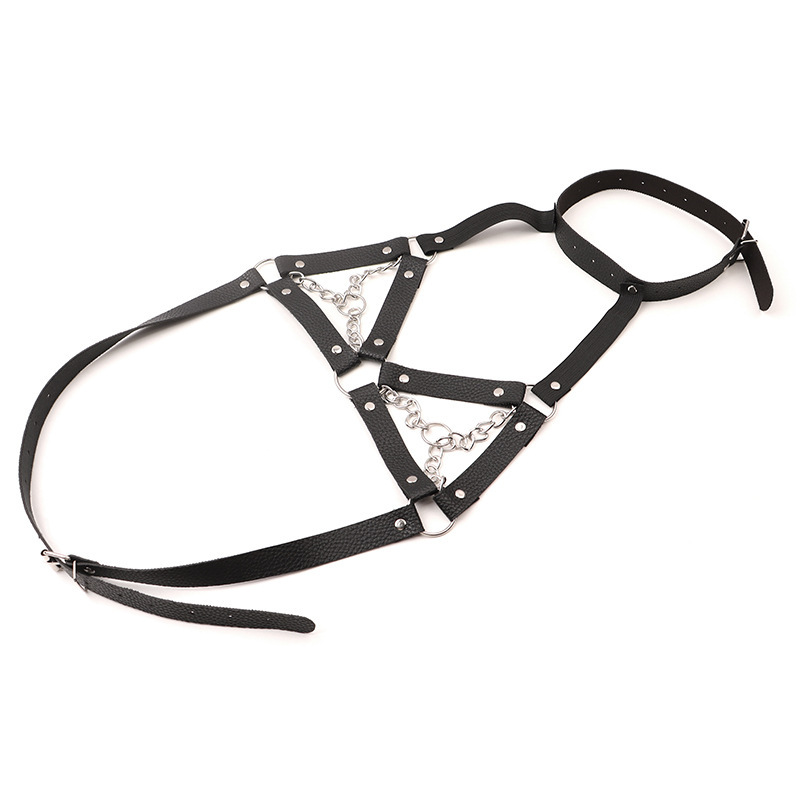 Chain Bra Lingerie with Leather Hand and Leg Restraint Cuffs, Pink One Size — detail image 1