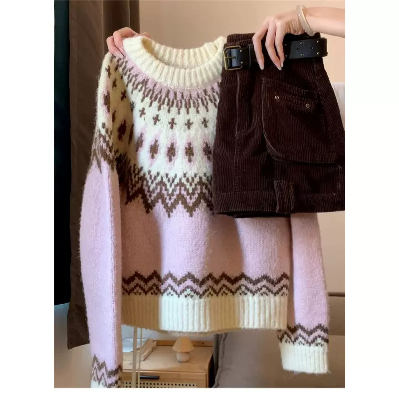 美式复古粉紫色针织毛衣女春秋冬松弛感慵懒风宽松费尔岛软糯上衣