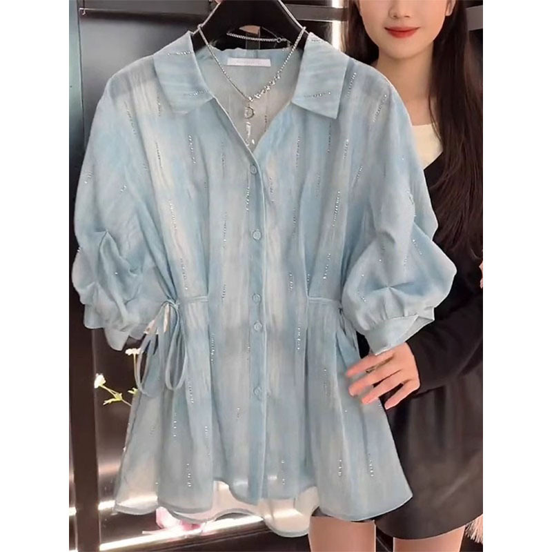 French V Neck Tie-Dye Waist-Cinching Three-Quarter Sleeve Shirt for Women in Summer New Style Fashionable Elegant Slimming Look Chic Shirt