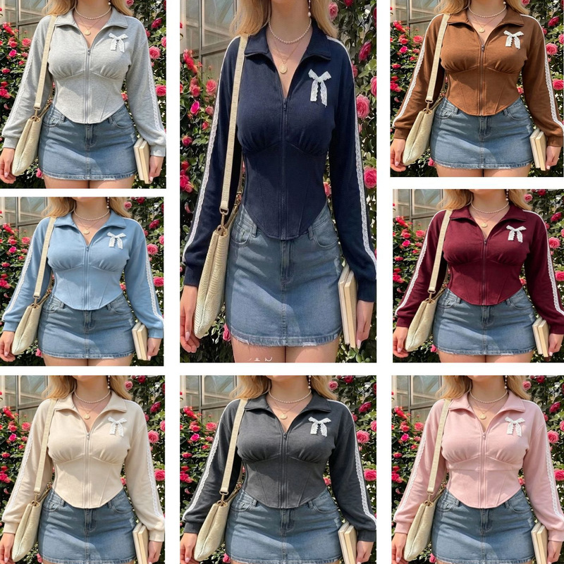 Cross-border foreign trade short zip-up sweatshirt with lace bow accents, waist-cinching cardigan for women with an irregular hem Cross-border foreign trade short zip-up sweatshirt with lace bow accents, waist-cinching cardigan for women with an irregular hem