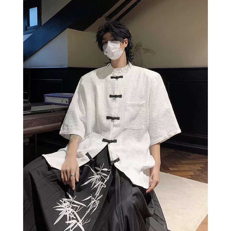 New Chinese Style National Style Button-Up Shirt Short-Sleeved Men's 2024 Summer New Design Sense National Fashion Loose Chinese Tunic Coat