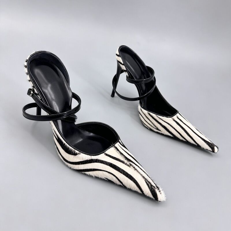 Pointed-Toe Stiletto Heel Mules with Zebra and Tiger Print, Solid Color, Cut-Out Design, Open-Back, Dual-Wear, Back-Tie High-Heeled Sandals Pointed-Toe Stiletto Heel Mules with Zebra and Tiger Print, Solid Color, Cut-Out Design, Open-Back, Dual-Wear, Back-Tie High-Heeled Sandals