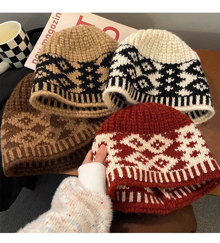 Vintage schwarze Fischermütze mit Karomuster für Damen, Herbst/Winter, gesichtsschlankmachend, vielseitig, für großen Kopfumfang, Strickmütze_voghion.com