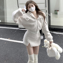 秋冬季小个子短款羊羔毛外套女辣妹纯欲风开叉包臀裙两件套装