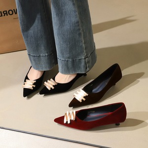 2377-K215 Korean style low heeled suede women's shoes with pointed shallow mouth metal buckle, fashionable single s