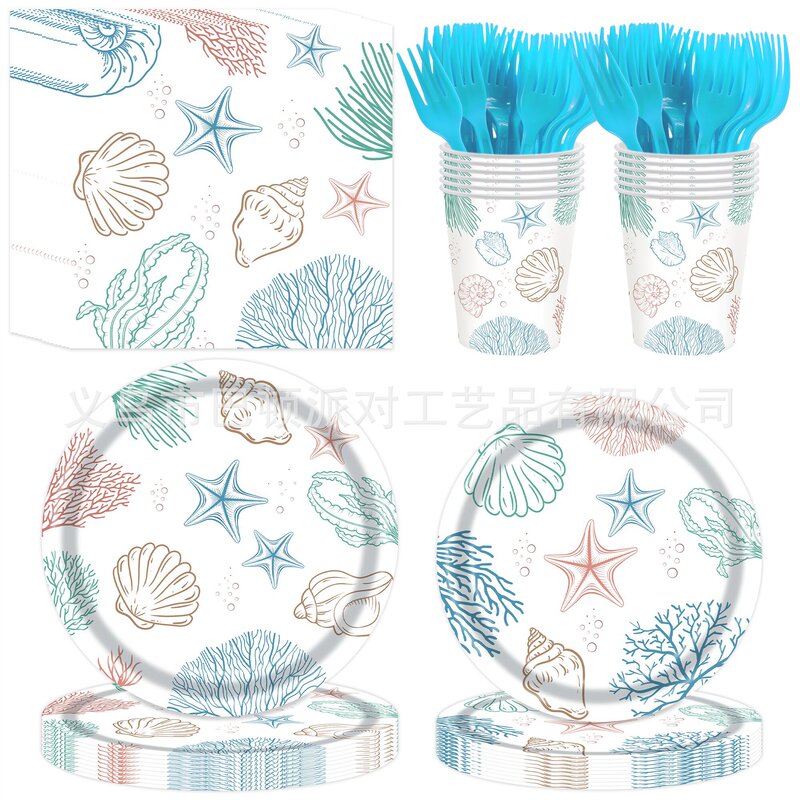 New Sea World Coral Shell Starfish Theme Party Paper Plate Paper Cup Tissue Party Decoration Tableware Set