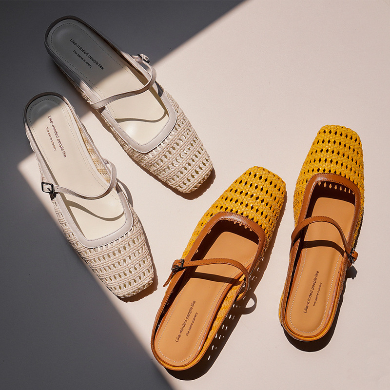 Vacation Style Hollow Breathable Woven Inner Height Increasing Mueller Shoes 2024 Summer Square Toe Middle Heel Baotou Outer Wear Slippers for Women