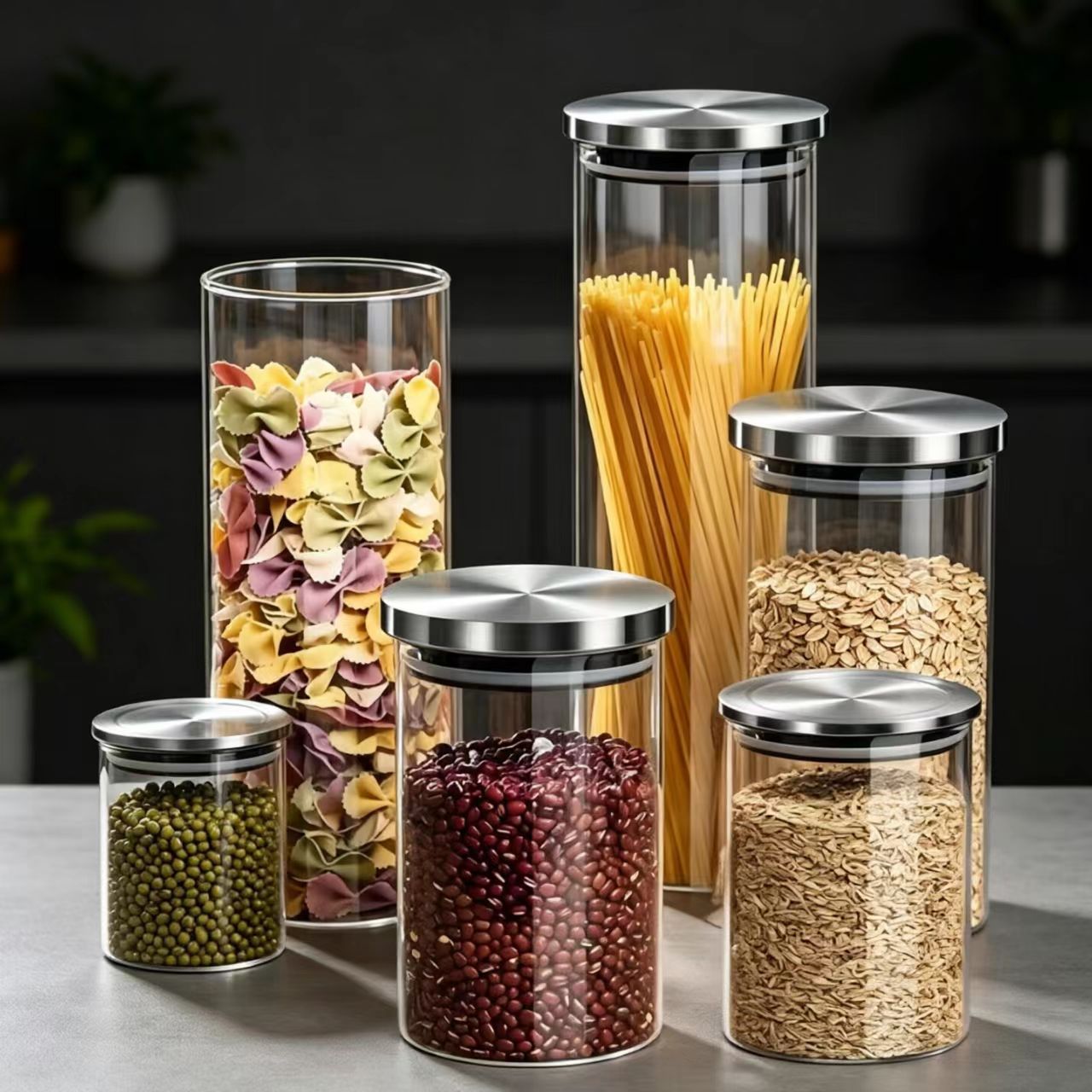 Round food-grade glass airtight container, high borosilicate glass storage jar, large capacity, suitable for storing grains and cereals, with a stainless steel lid