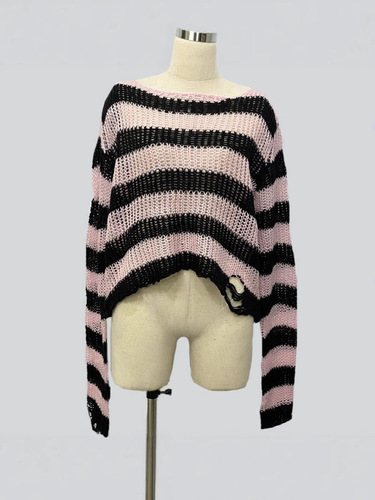 Fall Round Neck Striped Hooded Sweatshirt Hole Hot Selling Short-Sleeve Knit Sweater Women Fashion Y2K