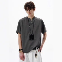 夏季拼接小立领短袖T恤男2025新款潮牌纯白色V领打底衫男装上衣服