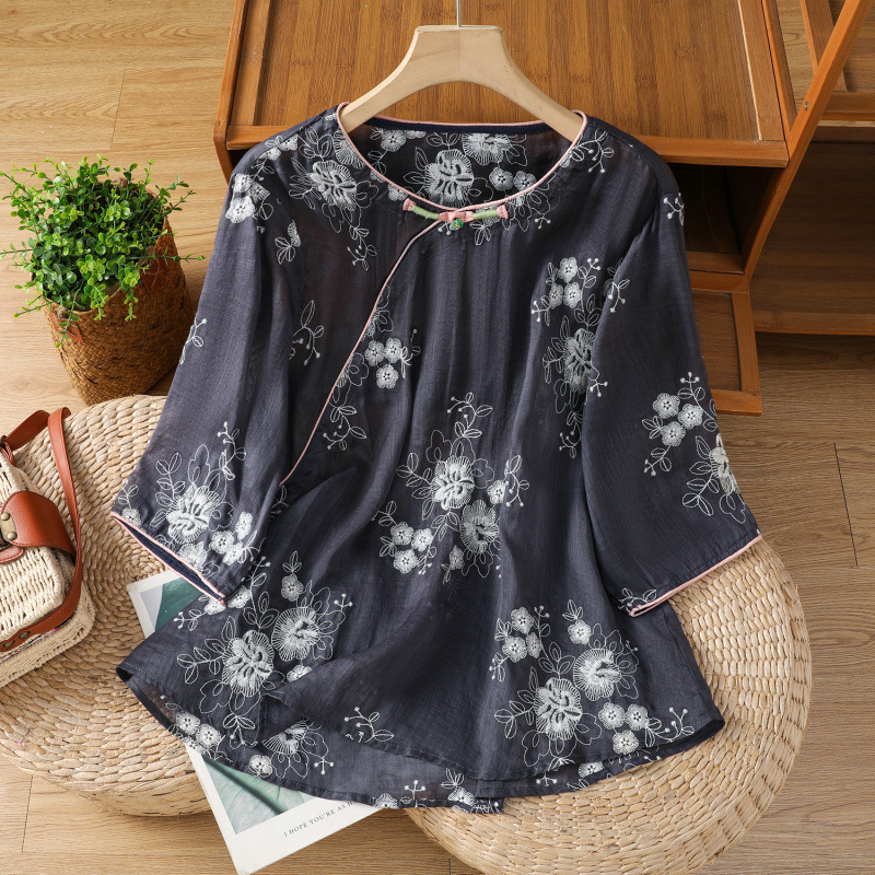 新しい中国風のボタン刺繍綿とリネンのシャツ女性のための 2025 夏スタイル改良された中国風禅ラウンドネックシャツプルオーバートップ|undefined