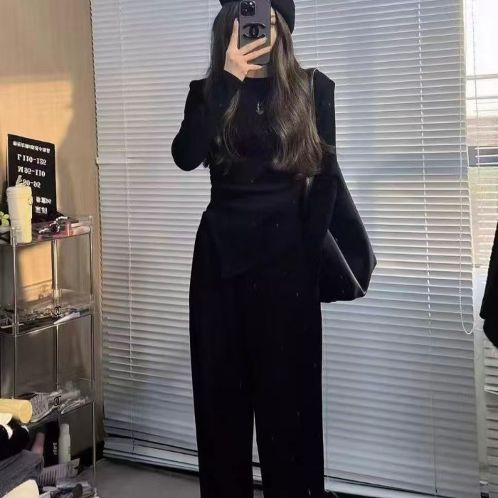 不规则纯色修身上衣女时尚百搭套装女春秋高腰阔腿长裤休闲两件套|undefined