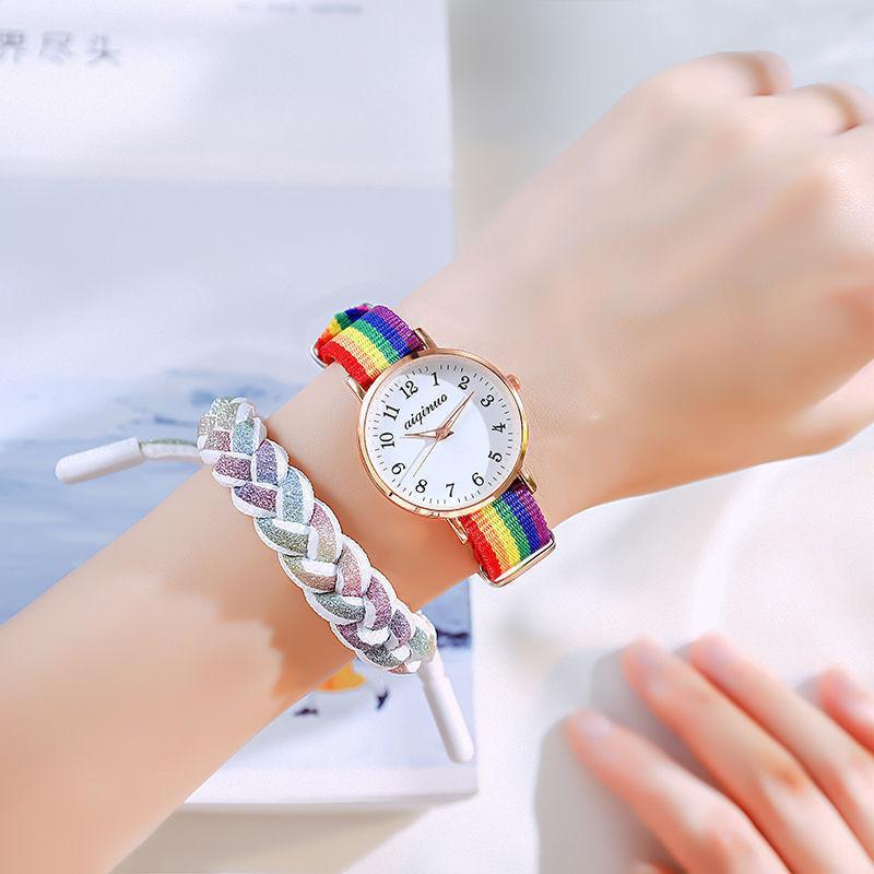 Nuevo Arco Iris correa de lona Campus Reloj simple Mori chica ins fresco todo-fósforo novias correa de lona reloj