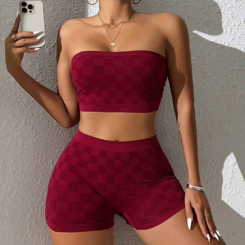 Cross-Border Lingerie Plaid One-Piece Tube Top and Boxer Shorts Set European and American Style Women's Single-Layer Bra and Underwear Set