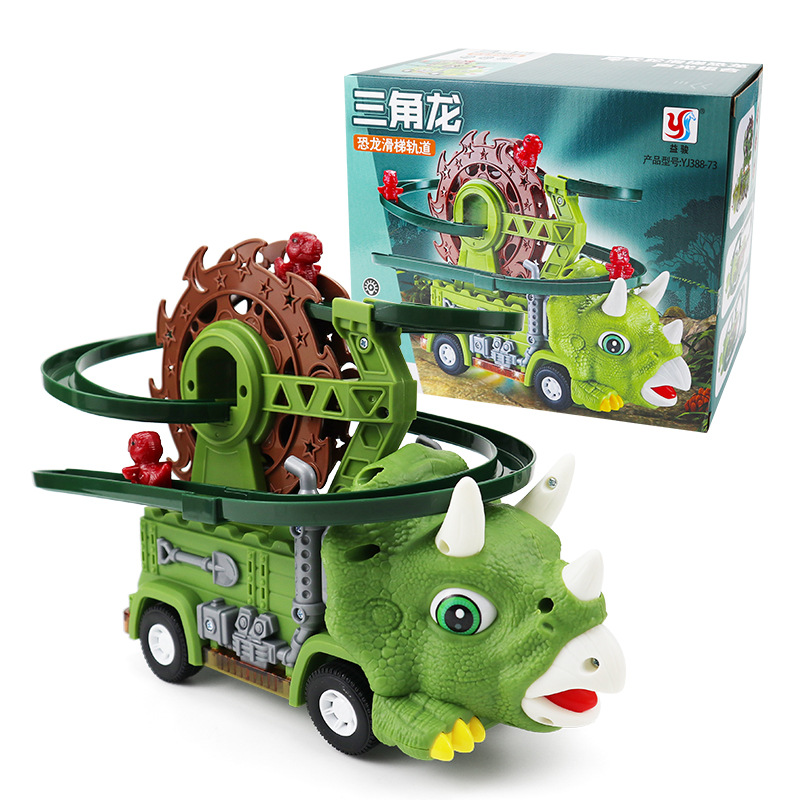 Niños transfronterizos escaleras dinosaurios pista juguete coche triceratorio deslizante coche giratorio universal juguetes eléctricos al por mayor