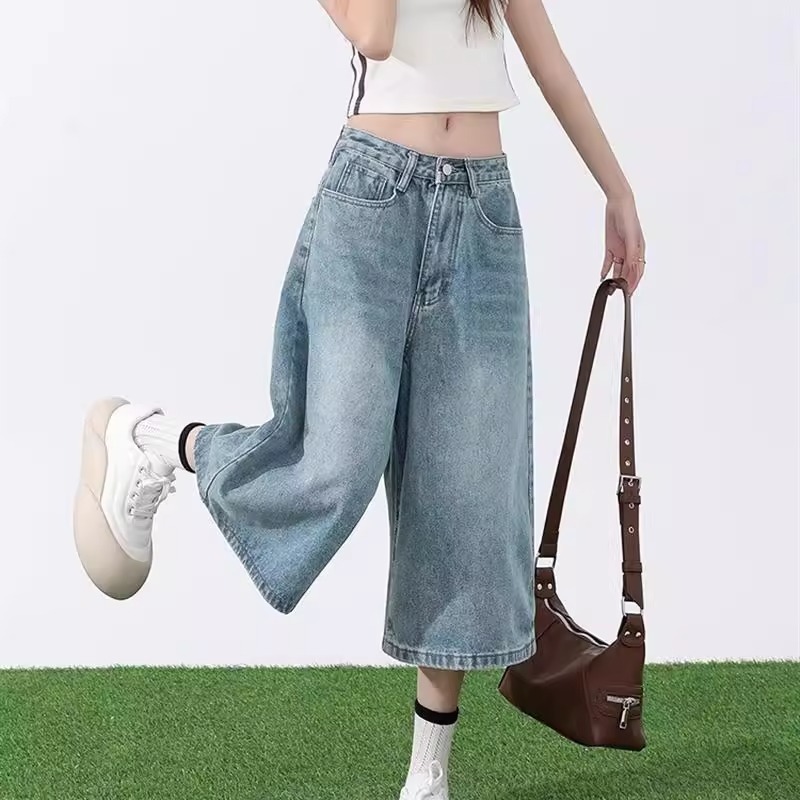 レトロ大きいサイズデニムクロップドパンツ女性のための夏の 2025 新しい薄いルーズハイウエストライトカラーストレートワイドレッグパンツ|undefined