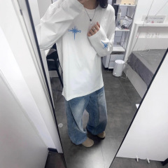 白色字母环刺绣长袖T恤衫男女秋季2025新款宽松学生正肩情侣上衣