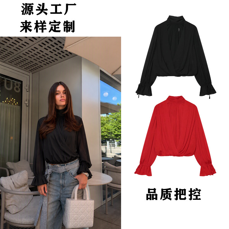 Cross-border European and American high-neck cross-twist bell-sleeve short shirt with open back, bow and ruffle top 7819627