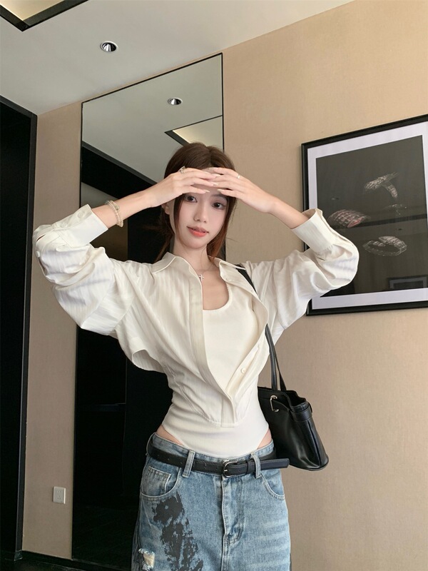 拼接假两件polo领长袖衬衫女早秋修身收腰衬衣白色上衣纯欲连体衣|undefined