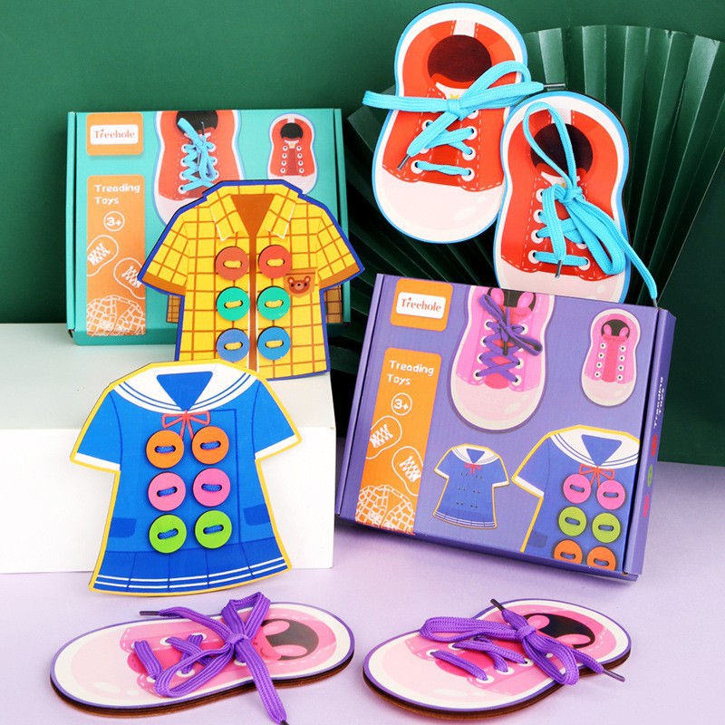 Entrenamiento de movimiento fino para niños pequeños, juego de coser botones con cordones de zapatos, juguetes educativos de educación temprana para bebés de jardín de infantes