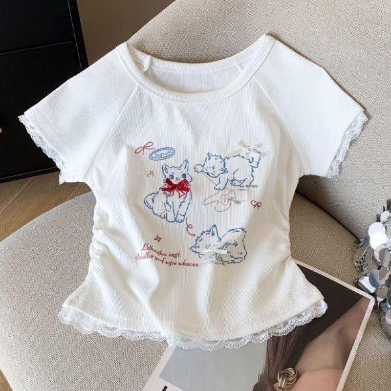 Sweet and Cute Kitten Lace Short-Sleeved T-Shirt for Women in Summer, Pure Desire, Slim Waist, Fashionable and Versatile Short Top Sweet and Cute Kitten Lace Short-Sleeved T-Shirt for Women in Summer, Pure Desire, Slim Waist, Fashionable and Versatile Short Top