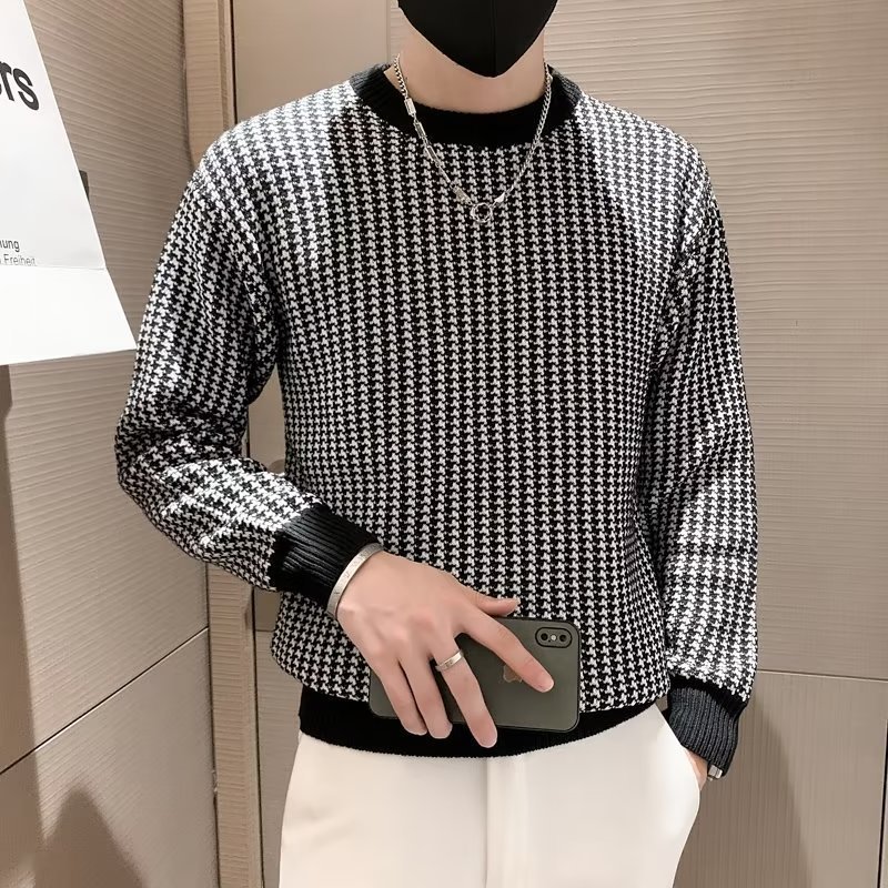 Crewneck Plaid Sweater Men's Autumn and Winter Fashionable Thickened Pullover Sweater Men's All-match Slim-fit Base Sweater