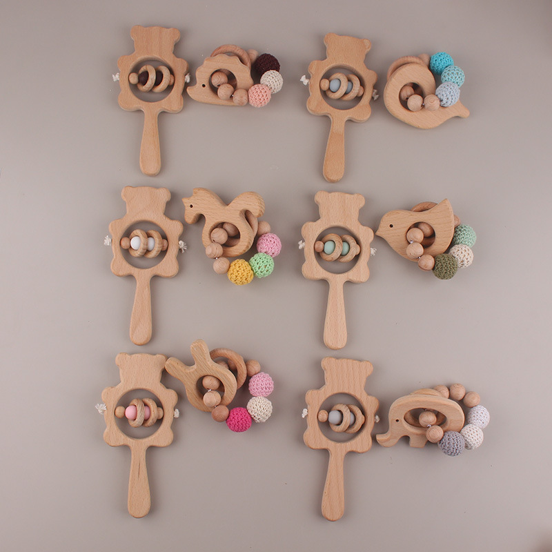 Beech Bear Bell Baby Molars Bracelet Handmade Beads Cartoon Handbell Juguetes para niños dos piezas