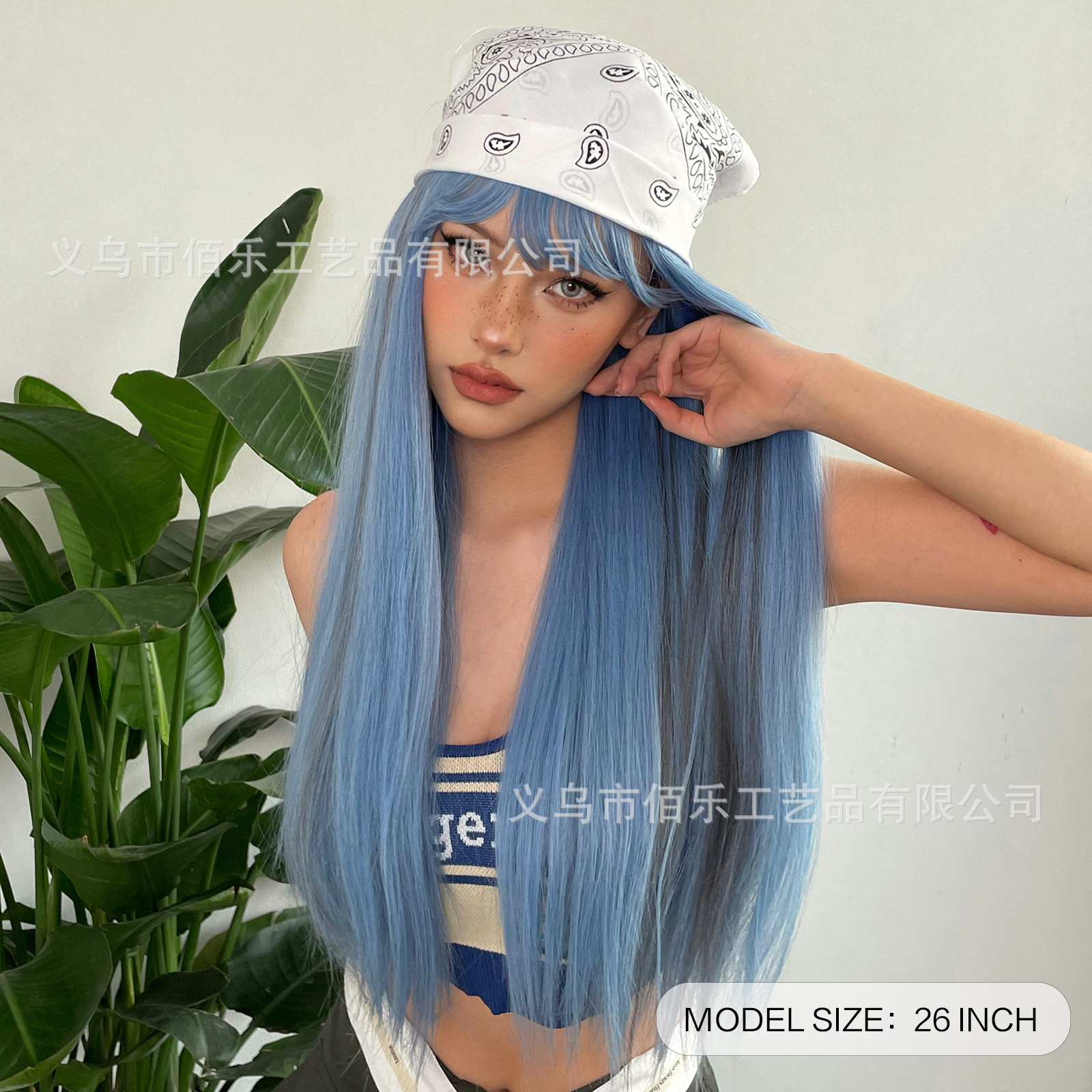 Transfronterizo Azul flequillo natural pelo largo y recto Peluca de fibra química femenina Comercio exterior europeo y americano nueva fábrica de seda de alta temperatura al por mayor