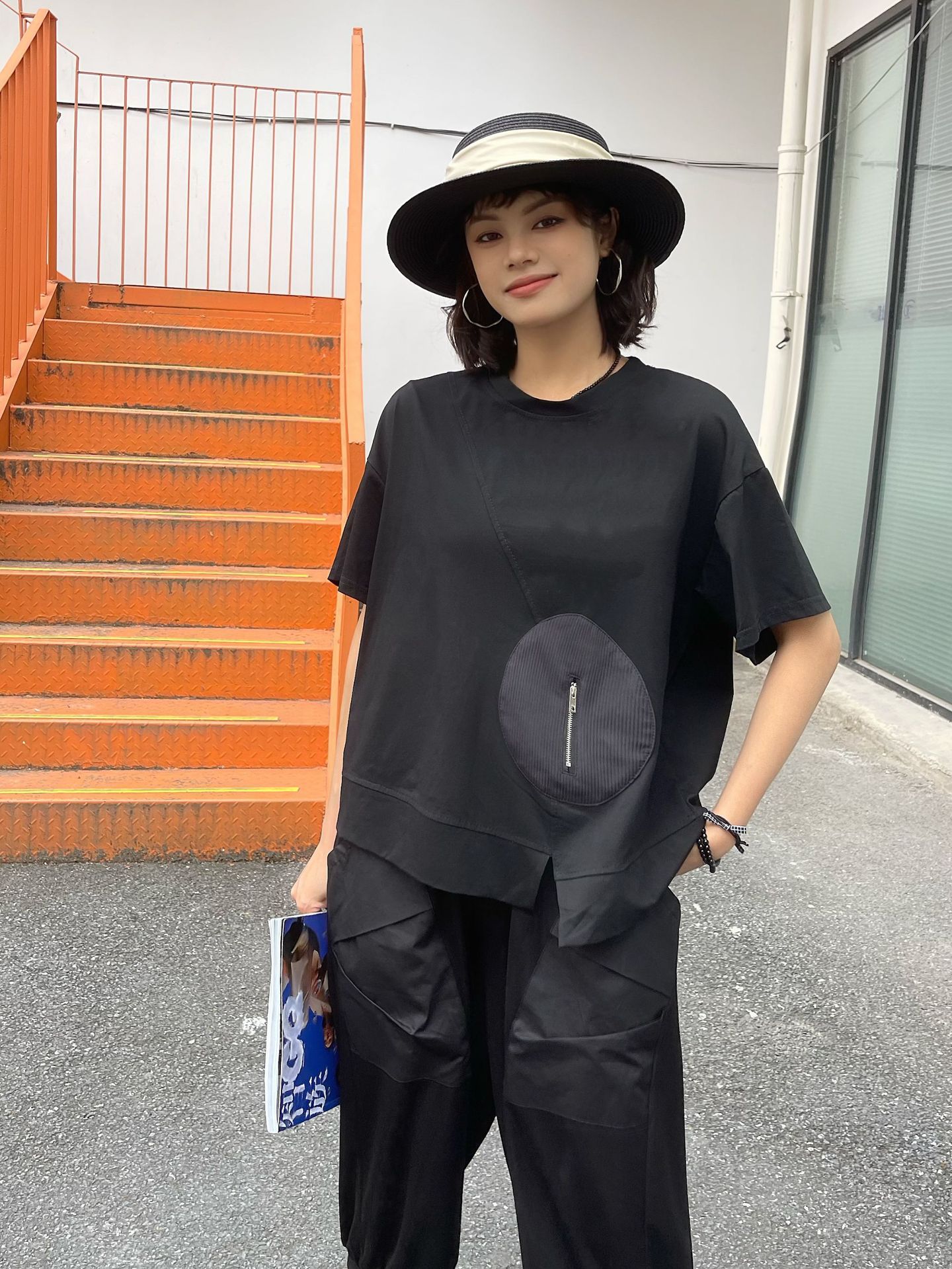 250373暗黑系山本风潮女装夏季新款不规则口袋拉链圆领短袖T恤潮 pic 8