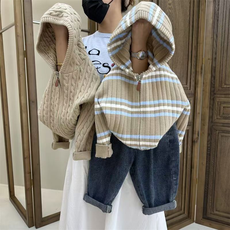 韩系穿搭儿童麻花拉链毛衣开衫外套2026秋冬男童女宝宝连帽针织衫