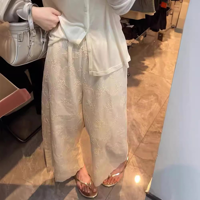 High-Quality 2026 Summer Elegant High-Waisted Slimming Pants with Intricate Embroidery, Casual Apricot-Colored Cropped Pants