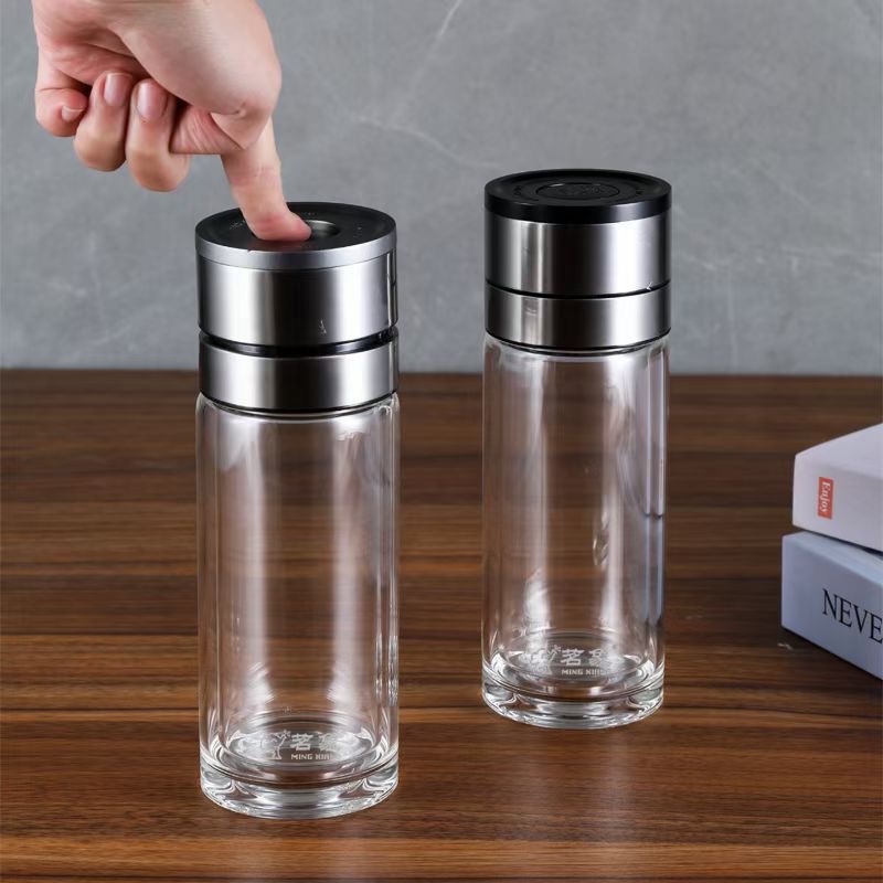 一鍵開蓋車載玻璃水杯男士商務辦公茶水分離杯定製雙層玻璃速開杯