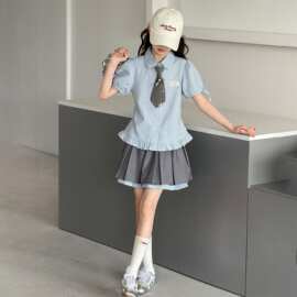女童夏季裙子2026新款儿童学院风格子衬衫百褶裙中大童jk制服套装