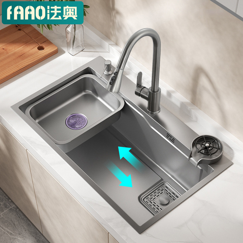 Nano Gun Grey Sink Large Single Sink Kitchen 304 Stainless Steel Handmade Vegetable Washing Sink Sink Household