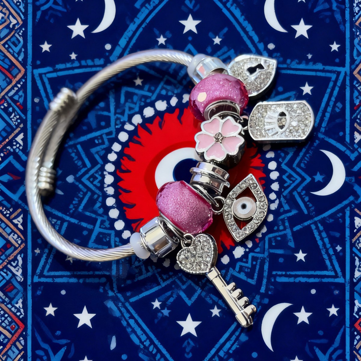 Explosiones transfronterizas Panjia brazalete de acero inoxidable rosa diamante aleación diablo ojo llave cerradura joyas de flores de amor image 4